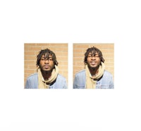 two pictures of a man with dreadlocks and a scarf